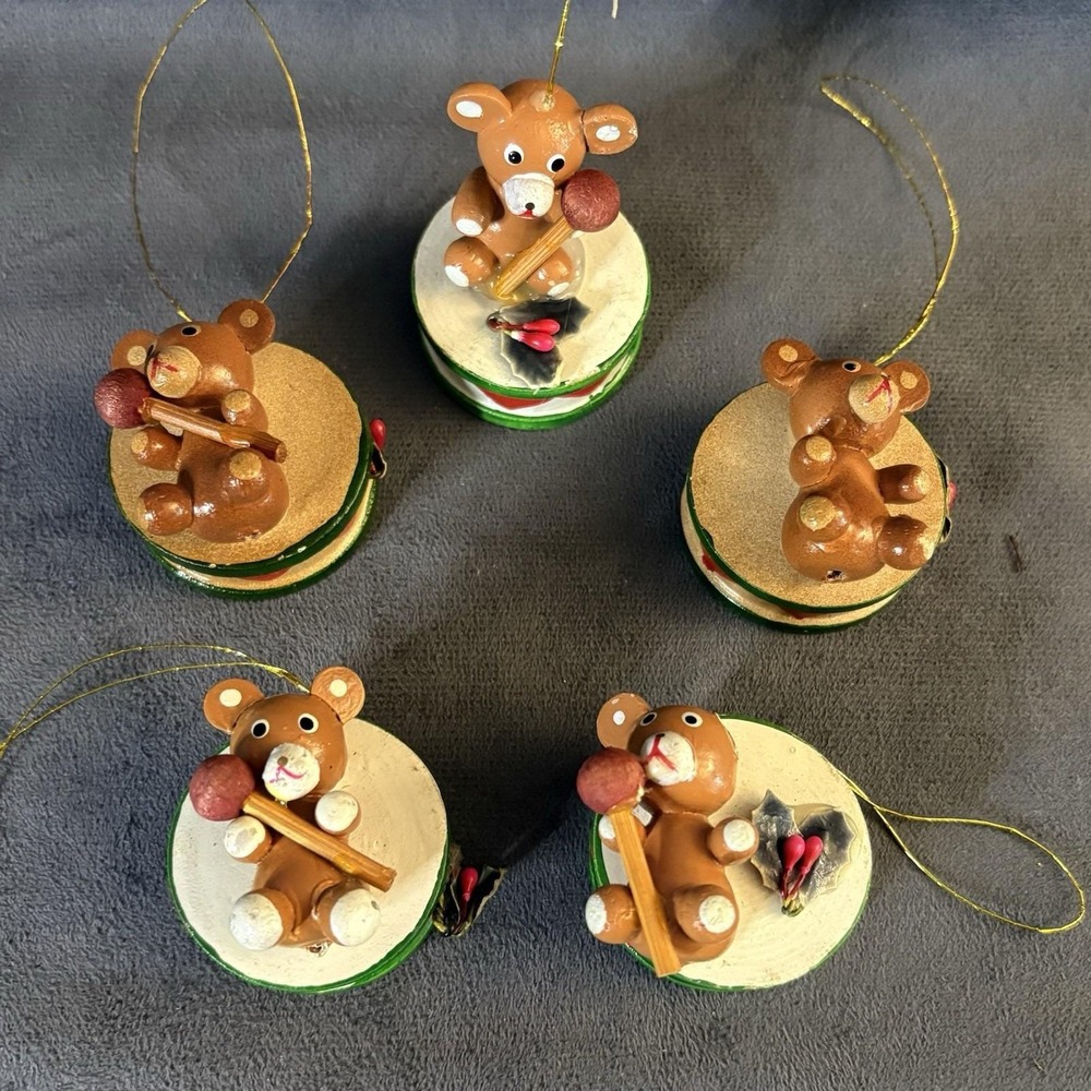 Parma by AAI Wooden Bear Drum Ornaments Set of 5 Vintage Hand Painted Taiwan‎